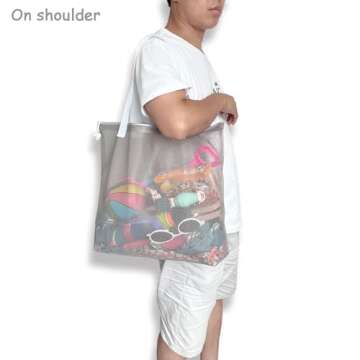 hsmyank Reusable 4Pack Colorful Mesh Beach Tote Bags,Mesh Shopping Bag With Drawstring For Travel,Toys,Gift Or Laundry … … (WHITE HANDLE)