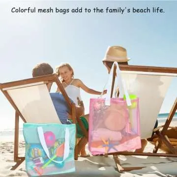 hsmyank Reusable 4Pack Colorful Mesh Beach Tote Bags,Mesh Shopping Bag With Drawstring For Travel,Toys,Gift Or Laundry … … (WHITE HANDLE)