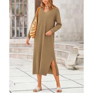 BTFBM Women Fall Casual Sweater Dress V Neck Long Sleeve