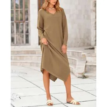 BTFBM Women Fall Casual Sweater Dress V Neck Long Sleeve