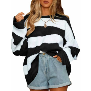ZESICA Women's Fall Long Sleeve Crew Neck Striped Color Block Comfy Loose Oversized Knitted Pullover...