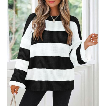 ZESICA Women's Cozy Oversized Striped Sweater for Fall