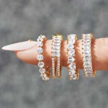 Aojun Fashion Classic 18K Gold Plated Titanium Steel Women Stacking Ring Best Gifts Couples Valentine's Day (Half baguette-Gold, 6)