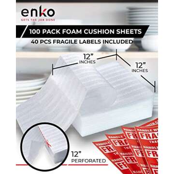enKo 12 x 12 Inch (100-Pack) Foam Wrap Sheets for Moving Shipping Packing Supplies - 40 Fragile Stic...