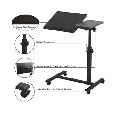 TigerDad Overbed Bedside Desk Mobile Rolling Laptop Stand Tilting Overbed Table with Wheels Height Adjustable Tray Table for Laptop Bed Sofa Side Table (Black)