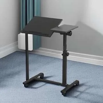 TigerDad Overbed Bedside Desk Mobile Rolling Laptop Stand Tilting Overbed Table with Wheels Height Adjustable Tray Table for Laptop Bed Sofa Side Table (Black)