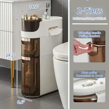 MOSAMNI 2-Tiers Slim Bathroom Storage, Waterproof Narrow Bathroom Floor Cabinet, Movable Bathroom Storage Organizer with Drawers for Small Spaces, Bathroom, Kitchen, Bedroom, Out of The Box