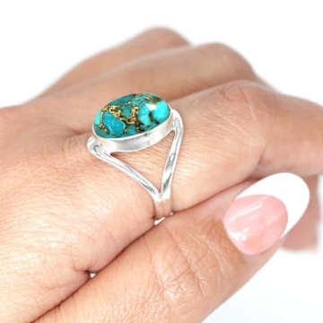 JEWELOPORIUM Copper Blue Turquoise Silver Ring Size 8, 925 Sterling Silver Ring for Women, Oval Gems...