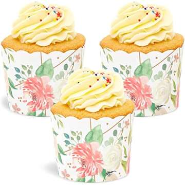 Sparkle and Bash 50 Pack Floral Cupcake Wrappers for Wedding, Watercolor Flower Paper Baking Cups and Muffin Liners for Garden Tea Parties, Baking Favors, Bridal or Baby Showers- (2.25 x 2.75 In)