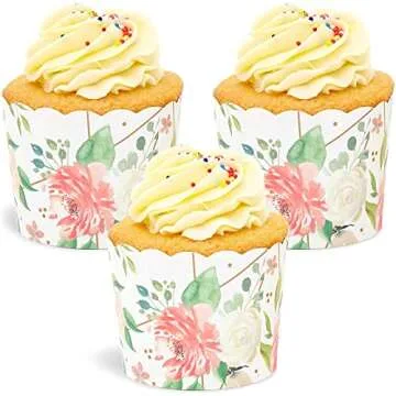 Sparkle and Bash 50 Pack Floral Cupcake Wrappers for Wedding, Watercolor Flower Paper Baking Cups and Muffin Liners for Garden Tea Parties, Baking Favors, Bridal or Baby Showers- (2.25 x 2.75 In)