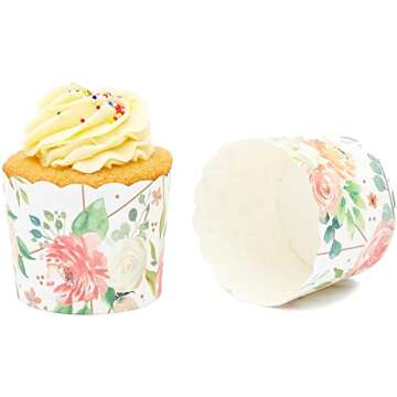 Sparkle and Bash 50 Pack Floral Cupcake Wrappers for Wedding, Watercolor Flower Paper Baking Cups and Muffin Liners for Garden Tea Parties, Baking Favors, Bridal or Baby Showers- (2.25 x 2.75 In)