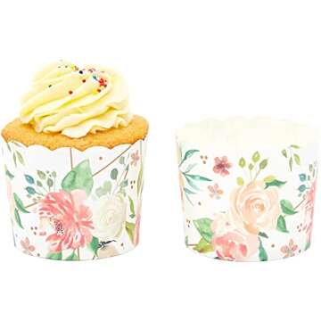 Sparkle and Bash 50 Pack Floral Cupcake Wrappers for Wedding, Watercolor Flower Paper Baking Cups and Muffin Liners for Garden Tea Parties, Baking Favors, Bridal or Baby Showers- (2.25 x 2.75 In)