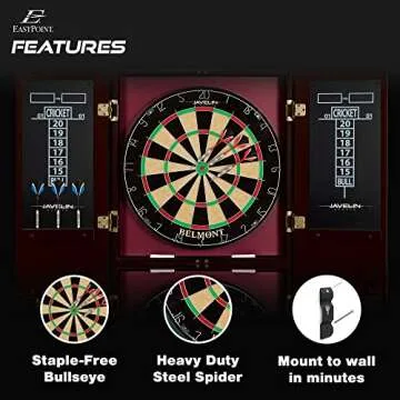 EastPoint Sports Belmont Official Size Dart Board Cabinet Set - Easy-Assembly & Complete with 6 Deluxe Steel Tip Darts and Accessories - Premium Darts Set with Scoreboard for Bar Games & Indoor Games