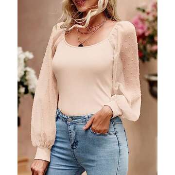 BTFBM Women Mesh Puff Long Sleeve Shirts Tops Scoop Neck Swiss Dots Sheer Slim Fit Casual Ribbed Knit Shirt Blouses Top(Solid Apricot, Large)