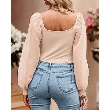 BTFBM Women Mesh Puff Long Sleeve Shirts Tops Scoop Neck Swiss Dots Sheer Slim Fit Casual Ribbed Knit Shirt Blouses Top(Solid Apricot, Large)