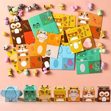 GLOCITI Valentines Day Cards for Kids 28 Pack 3D Animal Box with Puzzle Erasers - Perfect DIY Valent...