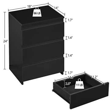 Topeakmart Nightstands Set of 2, Black Bedside Tables with 3 Drawers, Solid Wood Bedside Sets Accent Tables with Storage Space, Vintage Chest of Drawers for Bedroom Living Room
