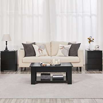 Topeakmart Nightstands Set of 2, Black Bedside Tables with 3 Drawers, Solid Wood Bedside Sets Accent Tables with Storage Space, Vintage Chest of Drawers for Bedroom Living Room