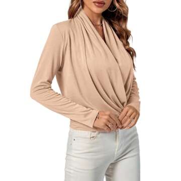 LYANER Women's Casual V Neck Cross Wrap Long Sleeve Plain Blouse Shirt Top Beige Small