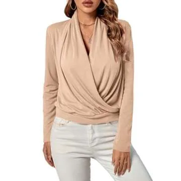 LYANER Women's Casual V Neck Cross Wrap Long Sleeve Plain Blouse Shirt Top Beige Small