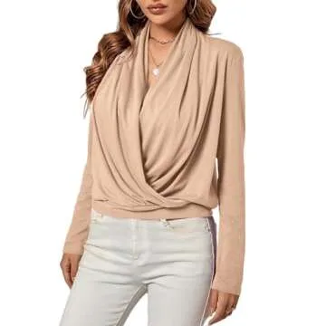 LYANER Women's Casual V Neck Cross Wrap Long Sleeve Plain Blouse Shirt Top Beige Small