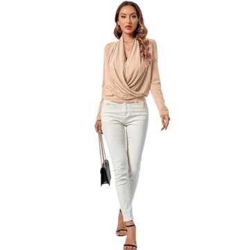 LYANER Women's Casual V Neck Cross Wrap Long Sleeve Plain Blouse Shirt Top Beige Small