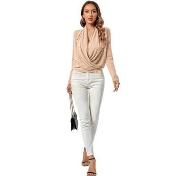 LYANER Women's Casual V Neck Cross Wrap Long Sleeve Plain Blouse Shirt Top Beige Small