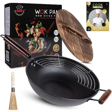 Küchenmeister 12.5-Inch Carbon Steel Wok Pan with Lid, Brush, Oil Strainer - Flat Bottom Woks & Sti...