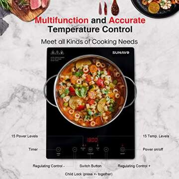 SUNAVO Portable Induction Cooktop, 1800W Sensor Touch Induction Burner with Kids Safety Lock, 15 Temperature Power Setting Countertop Burner with Timer