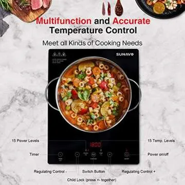 SUNAVO Portable Induction Cooktop, 1800W Sensor Touch Induction Burner with Kids Safety Lock, 15 Temperature Power Setting Countertop Burner with Timer
