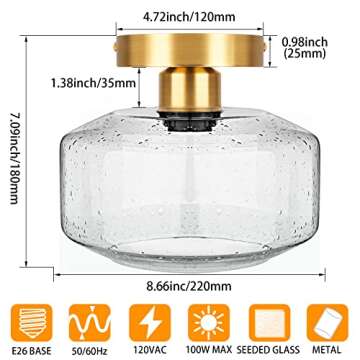 SunRider Industrial Semi Flush Mount Ceiling Light Fixture, Seeded Glass Pendant Lamp, Brushed Golde...