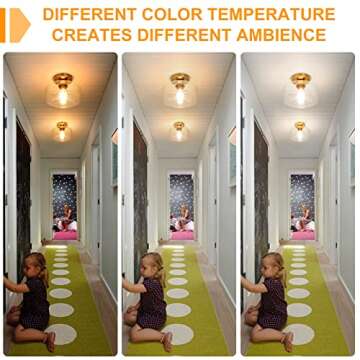 SunRider Industrial Semi Flush Mount Ceiling Light Fixture, Seeded Glass Pendant Lamp, Brushed Golden Metal Base, Gold Farmhouse Lights for Kitchen