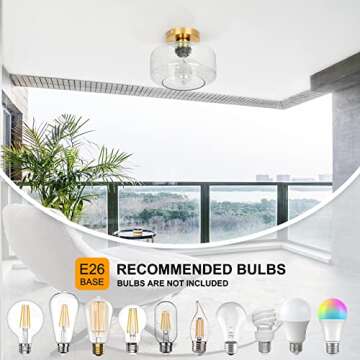 SunRider Industrial Semi Flush Mount Ceiling Light Fixture, Seeded Glass Pendant Lamp, Brushed Golden Metal Base, Gold Farmhouse Lights for Kitchen