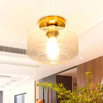 SunRider Industrial Semi Flush Mount Ceiling Light Fixture, Seeded Glass Pendant Lamp, Brushed Golden Metal Base, Gold Farmhouse Lights for Kitchen