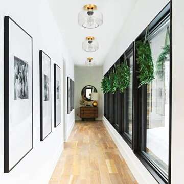 SunRider Industrial Semi Flush Mount Ceiling Light Fixture, Seeded Glass Pendant Lamp, Brushed Golden Metal Base, Gold Farmhouse Lights for Kitchen