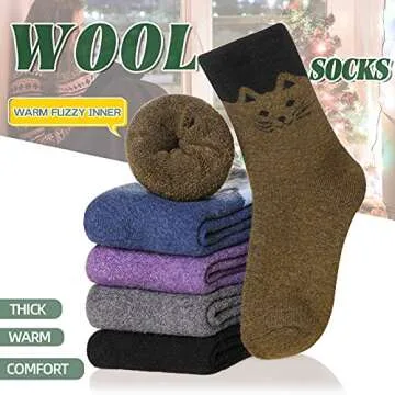 Velice Wool Socks for Women Merino Wool Boot Hiking Thick Thermal Warm Socks Winter Crew Cushion Cozy Work Socks 5 Pairs(Cat)
