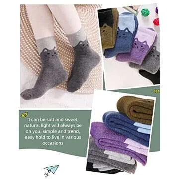 Velice Wool Socks for Women Merino Wool Boot Hiking Thick Thermal Warm Socks Winter Crew Cushion Cozy Work Socks 5 Pairs(Cat)