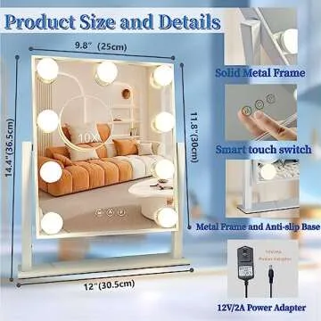 Acoolda Vanity Mirror with Lights, Hollywood Vanity Makeup Mirror with 9 Dimmable LED Bulbs, 3 Color Lighting Modes, Detachable 10X Magnification, 360°Rotation,White
