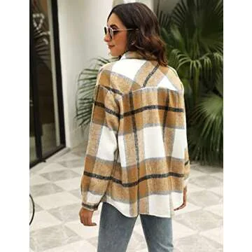 UANEO Womens Plaid Shacket Button Down Wool Blend Fall Flannel Shirt Jacket (Khaki-M)