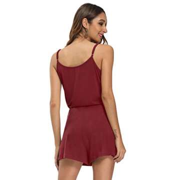 Infinilla Women's Summer Loose V Neck Romper Adjustable Spaghetti Strap Short Jumpsuit with Pockets (Burgundy, XL)