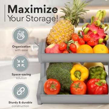 GET SORTED Bamboo Fruit Basket 2 Tier - 22+ Lbs Capacity, 12mm Thickness & Raised Bottom— Ideal fo...