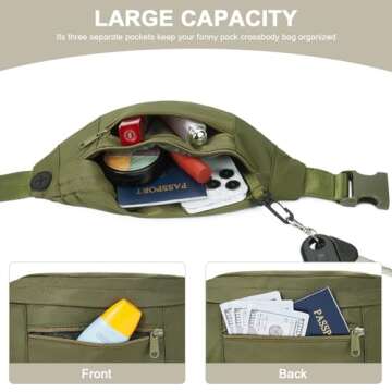 Telena Crossbody Fanny Pack for Women Men Fashion Waist Pack Belt Bag with 4-Zipper Pockets for Hiking Running Travel, Army Green