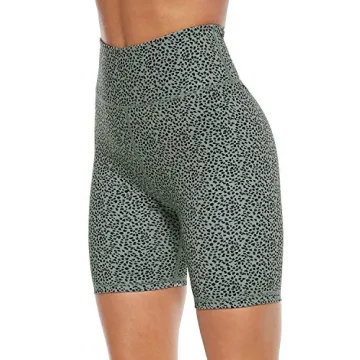 PERSIT Women's High Waist Print Workout Yoga Shorts with Hidden Pockets - Bean Green Leopard