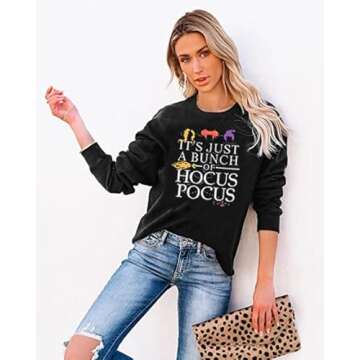 LYEIAO It's Just A Bunch of Hocus Pocus Halloween Sweatshirt Women Funny Sanderson Sisters Graphic Long Sleeve Tee Tops(Black, M)