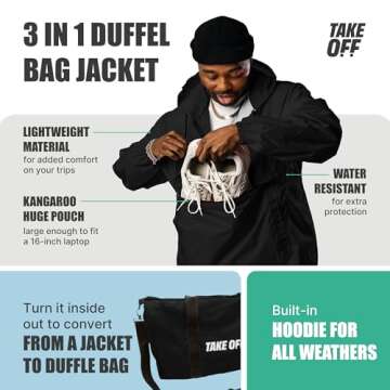 TAKE OFF 3-in-1 Duffle Bag Jacket, Converts Pouch to Duffle bag to Jacket, Kangaroo Pocket, Lightwei...
