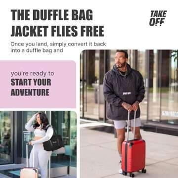 TAKE OFF 3-in-1 Duffle Bag Jacket, Converts Pouch to Duffle bag to Jacket, Kangaroo Pocket, Lightweight Jacket, Fit for Travel, Waterproof Rain Duffle Bag Jacket, Medium, Black