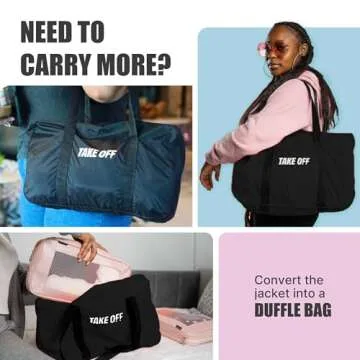 TAKE OFF 3-in-1 Duffle Bag Jacket, Converts Pouch to Duffle bag to Jacket, Kangaroo Pocket, Lightweight Jacket, Fit for Travel, Waterproof Rain Duffle Bag Jacket, Medium, Black