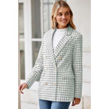 Happy Sailed Womens Plaid Blazers Dressy Casual Work Suits Long Sleeve Double Breasted Open Front Tweed Blazer Jackets Professional Outfits for Work Green 2XL