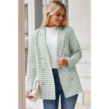 Happy Sailed Womens Plaid Blazers Dressy Casual Work Suits Long Sleeve Double Breasted Open Front Tweed Blazer Jackets Professional Outfits for Work Green 2XL