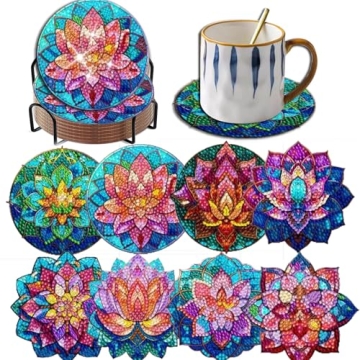 8 Pieces Lotus Diamond Coasters with Holder DIY Cute Lotus Diamond Art Coasters 5d Lotus Diamond Coa...